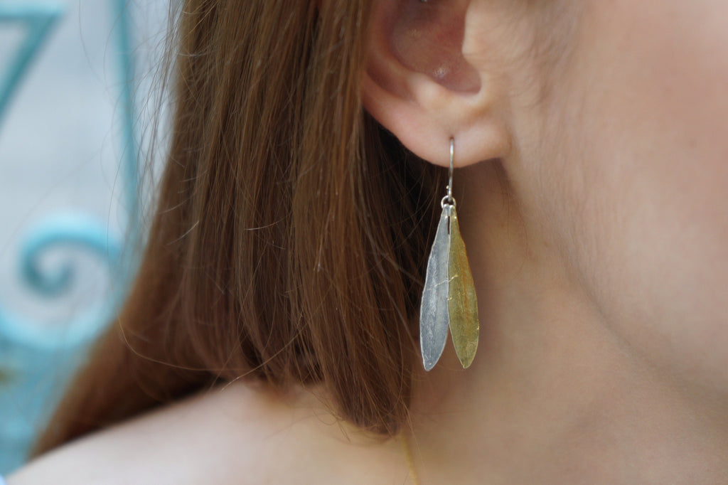 Olive Leaf Earrings | Sterling Silver 925 Mixed Metal Dangle Earrings Women