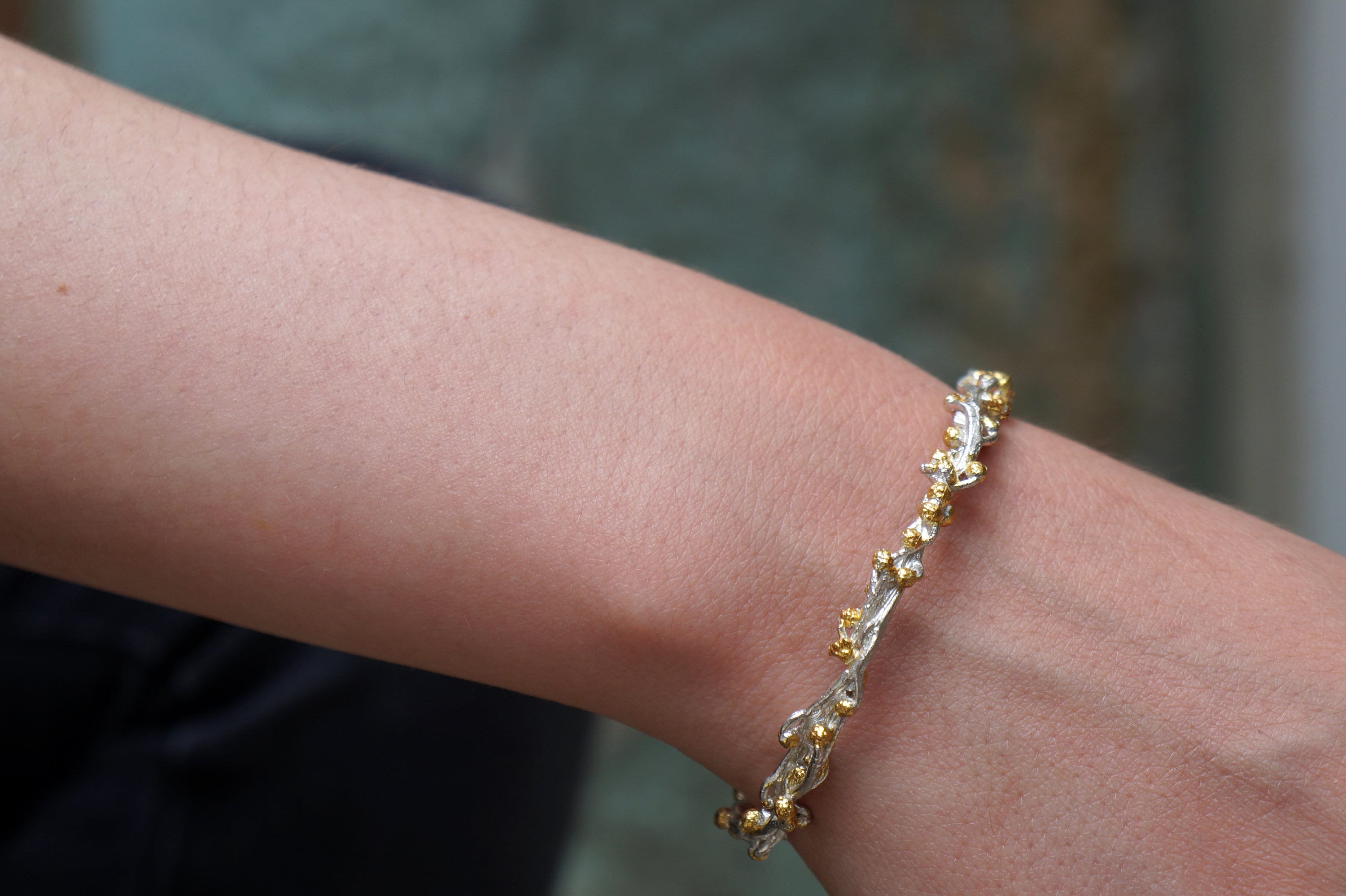 Sterling Silver Bangle – Eco Friendly Recycled Silver Bracelet With Gold Buds