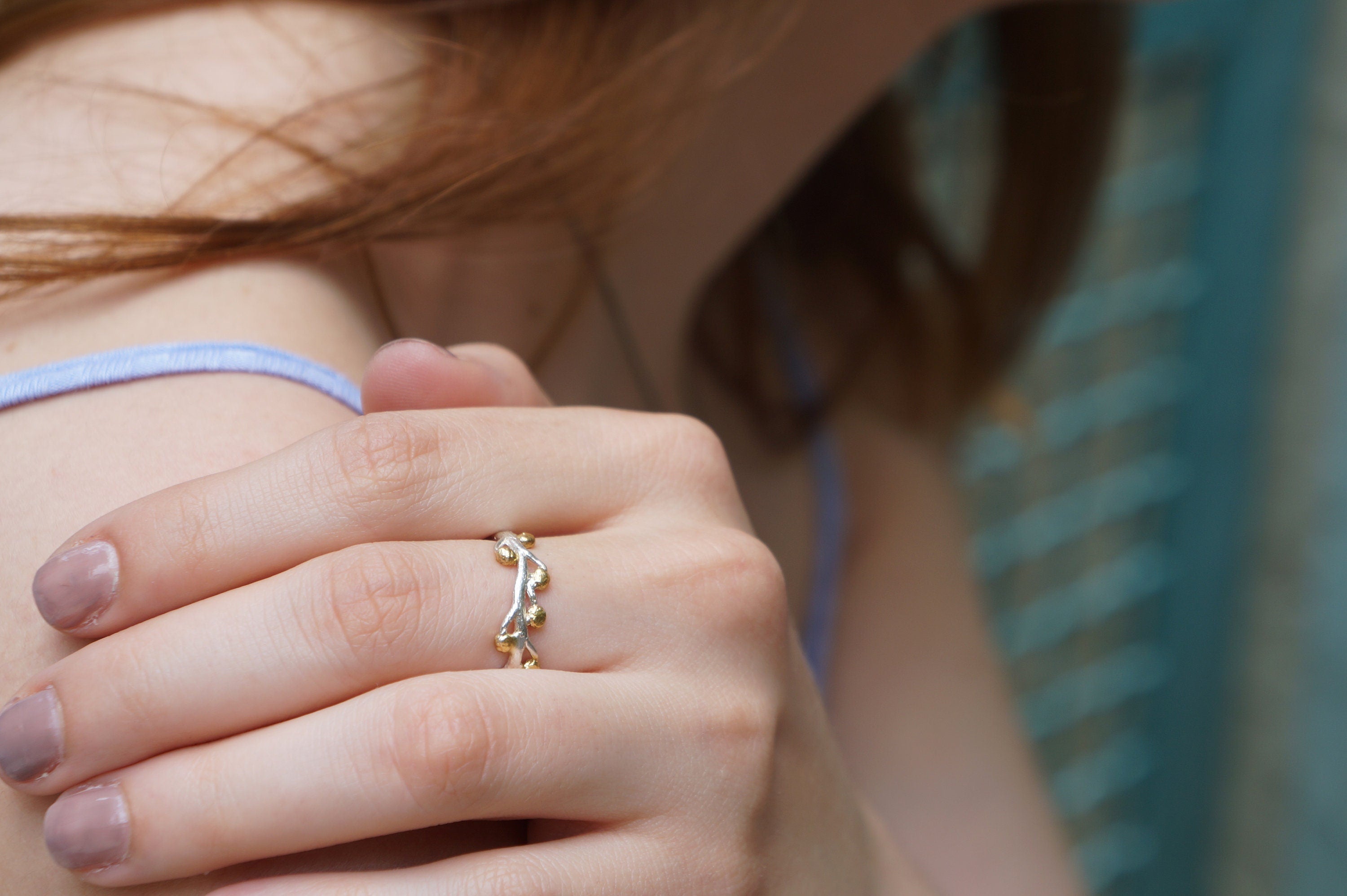 Sterling Silver Branch Ring – Mimosa Pudica Twig With Gold Plated Buds