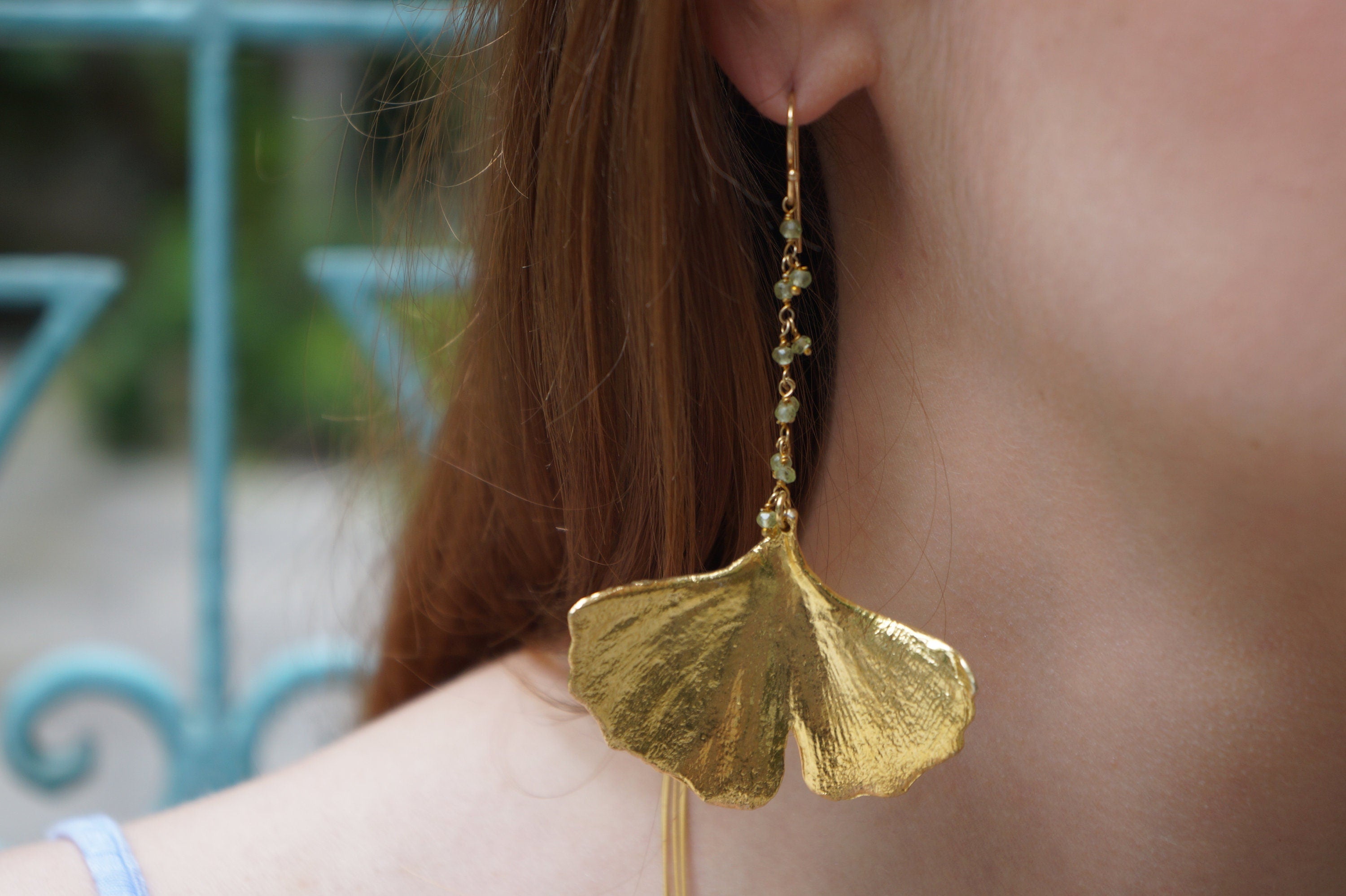 Long Ginkgo Leaf Earrings – Sterling Silver Gold Leaf Bridal Jewelry