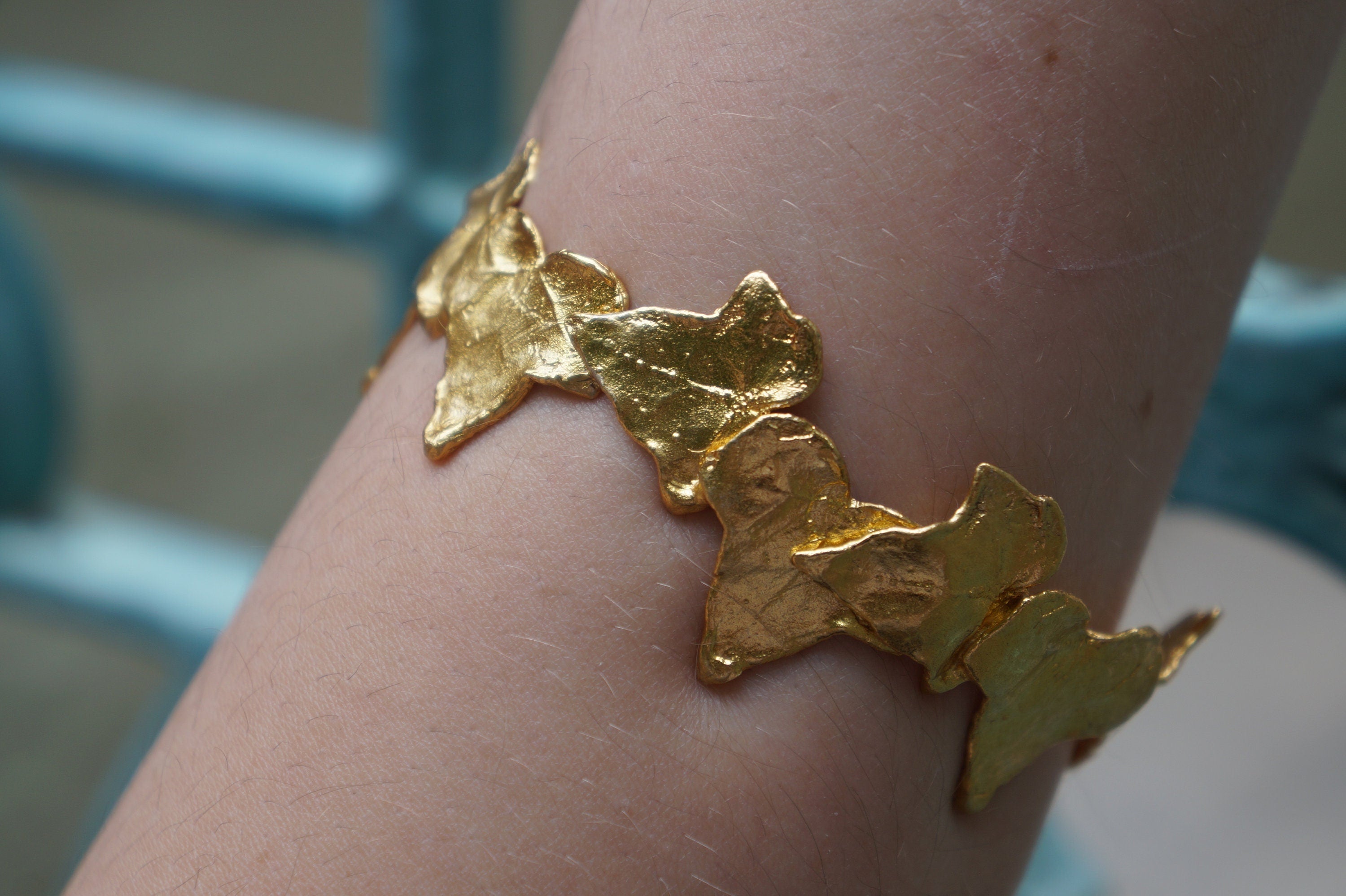 Nature Inspired Ivy Leaf Bracelet, Adjustable (14K Gold Plated Sterling Silver)