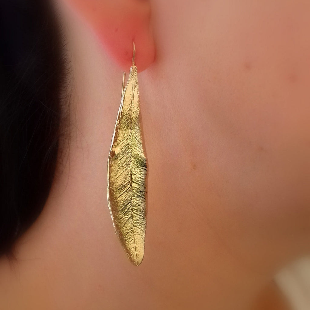 Solid Gold Leaf Earrings – Long Olive Real Leaf Dangle 9k 14k 18k Gold Jewelry