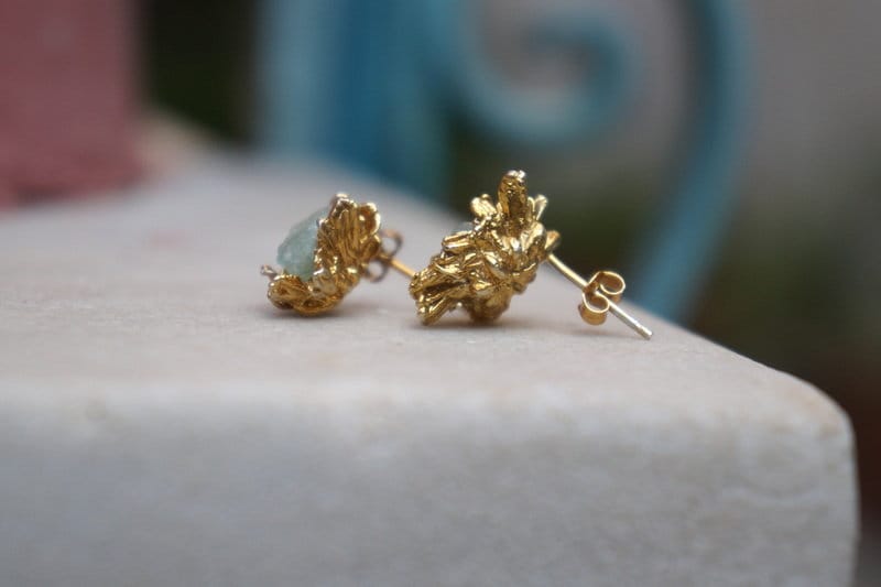 Daisy Flower Earrings - Sterling Silver & 14k Gold Plated with Raw Blue Murano Glass