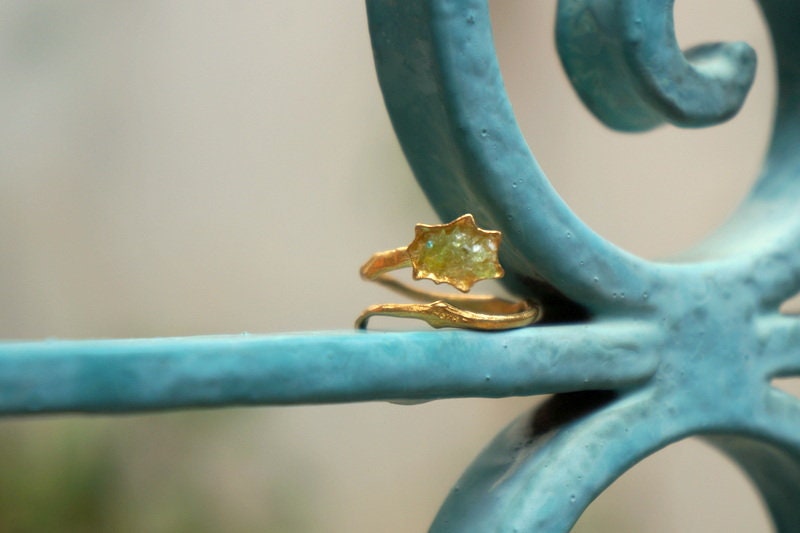 14K Goldplated Ring - Adjustable Sterling Silver Limpet Shell Jewelry with Green Murano Glass