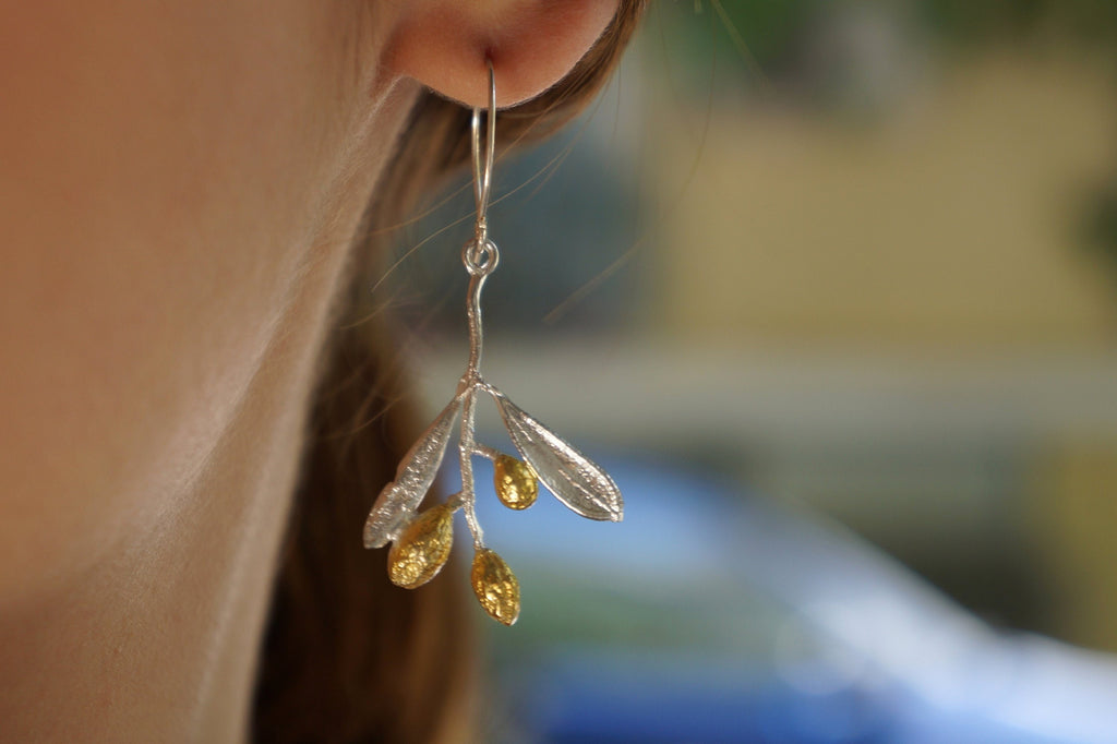 Sterling Silver Earrings – Olive Tree Dangle With Gold Plated Detail