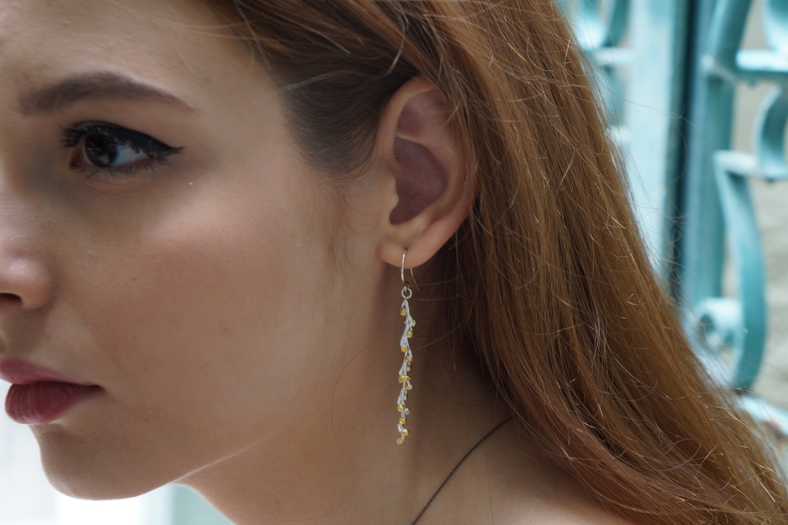 Sterling Silver Botanical Earrings - Real Twig with Gold Detail