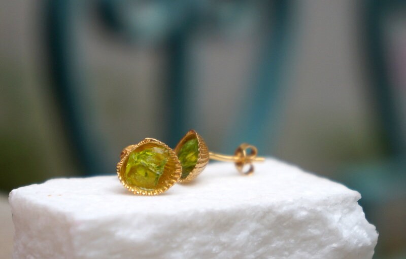 14k Gold Shell Earrings – Lightweight Silver Studs with Green Murano Stone | Handmade Eco Gift