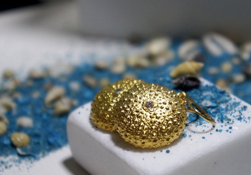 Gold Plated Earrings – Silver Sea Urchin Zircon Stone Beach Wedding Jewelry Gift