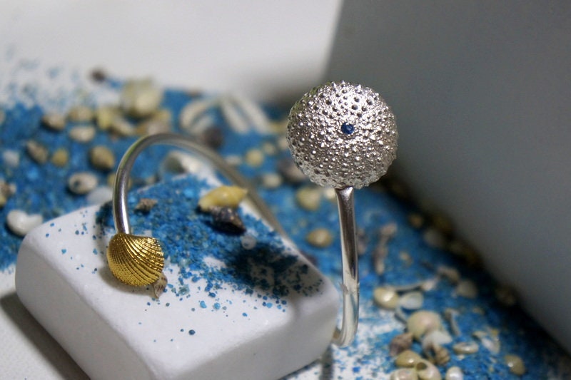 Sea Urchin Cuff Bracelet – Adjustable Sterling Silver Bangle with Ethical Zircon Stone