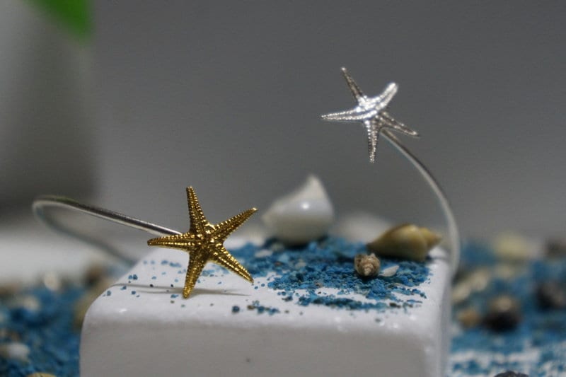 Sterling Silver Cuff Bracelet – Adjustable Two Tone Starfish Beach Wedding Jewelry