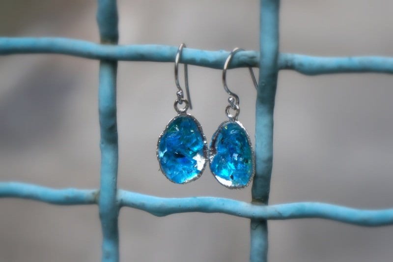 Sterling Silver Earrings - Handmade Murano Glass Green Dangle Shell Earrings