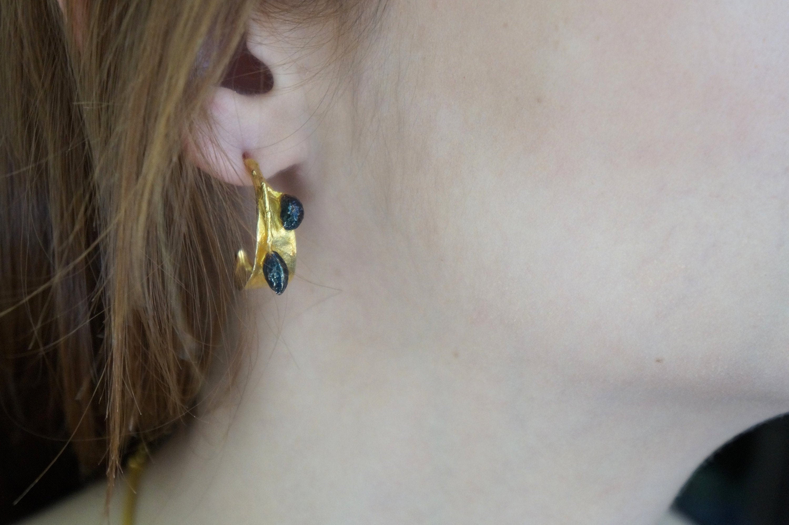 Gold Hoop Earrings – Small Olive Leaf Hoops With Butterfly Clip Closure