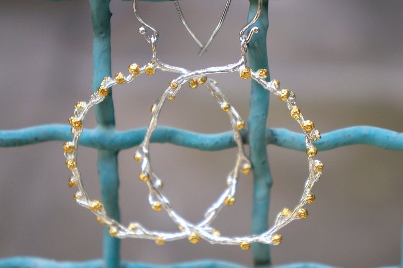 Nature-Inspired Hoop Earrings, Sterling Silver with Gold Buds (Lightweight)