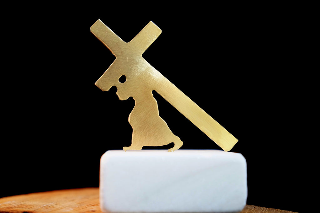 Gold Plated Cross Statue – Minimalist Religious Home Decor with Marble Base