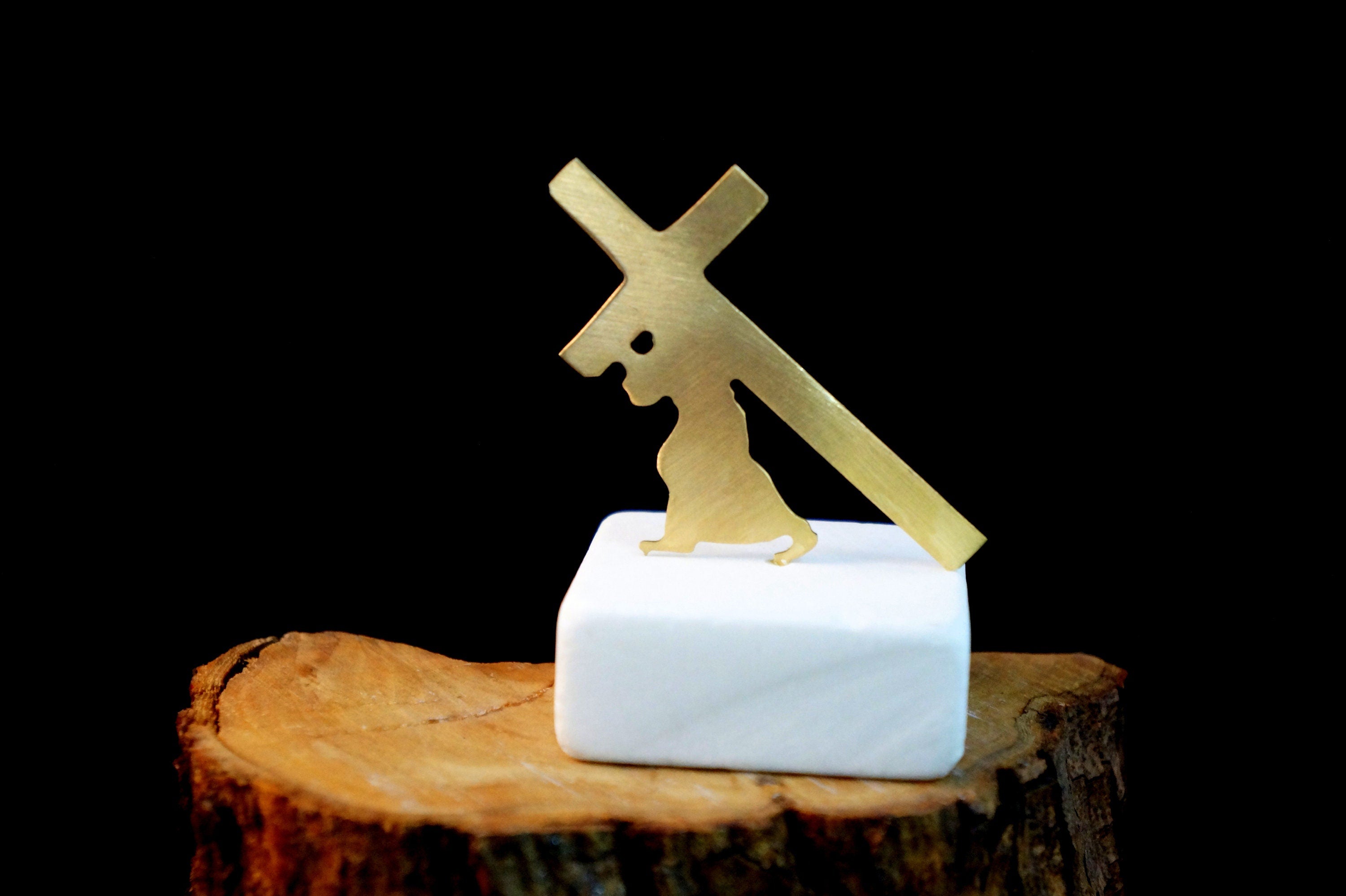 Gold Plated Cross Statue – Minimalist Religious Home Decor with Marble Base