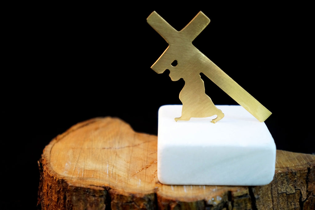 Gold Plated Cross Statue – Minimalist Religious Home Decor with Marble Base