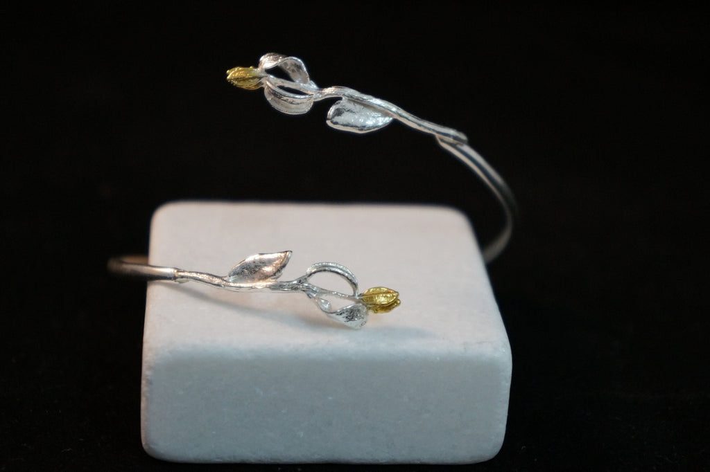 Sterling Silver Bracelet – Adjustable Olive Branch Cuff With Gold Accents