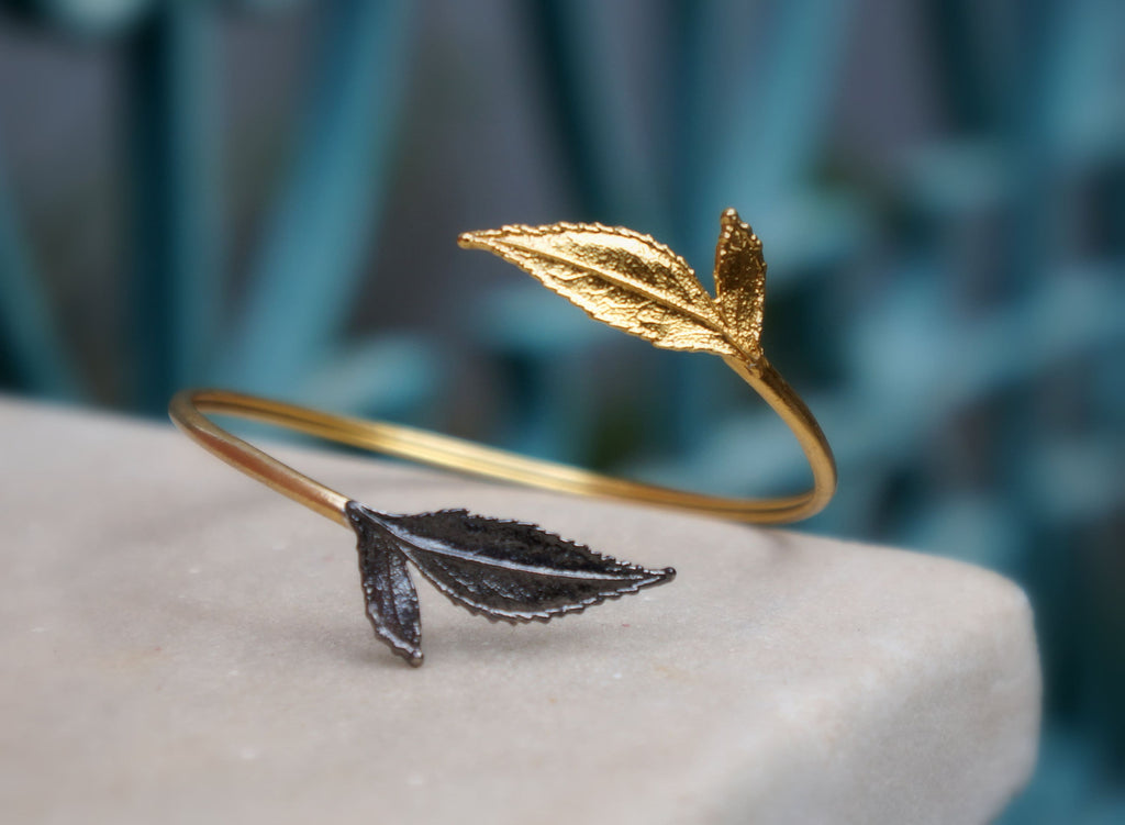 Rose Leaf Cuff Bracelet – Adjustable Bangle Cuff, 14K Gold Plated, Black Rhodium Finish
