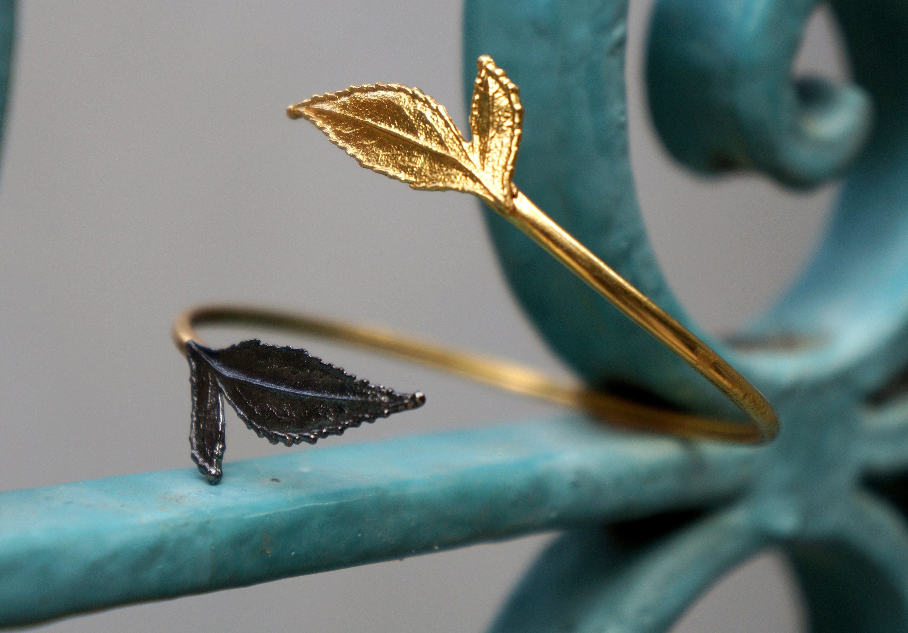 Rose Leaf Cuff Bracelet – Adjustable Bangle Cuff, 14K Gold Plated, Black Rhodium Finish