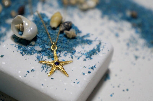 Gold Starfish Pendant With Zircon, Starfish Necklace, 14K Gold plated on Sterling Silver Necklace