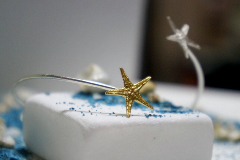 Sterling Silver Bracelet - Starfish Cuff Two Tone Adjustable Silver Cuff