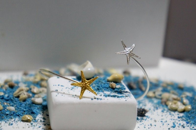 a white square with a gold starfish on top, surrounded by blue glitter and small rocks.