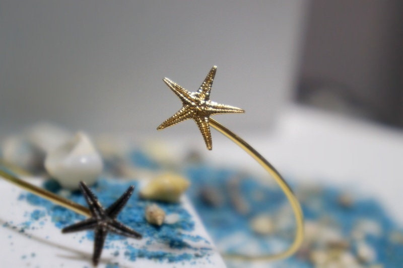 Sterling Silver Bracelet - Adjustable Two Tone Cuff With Starfish Design