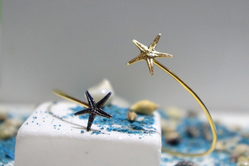 Sterling Silver Bracelet - Adjustable Two Tone Cuff With Starfish Design