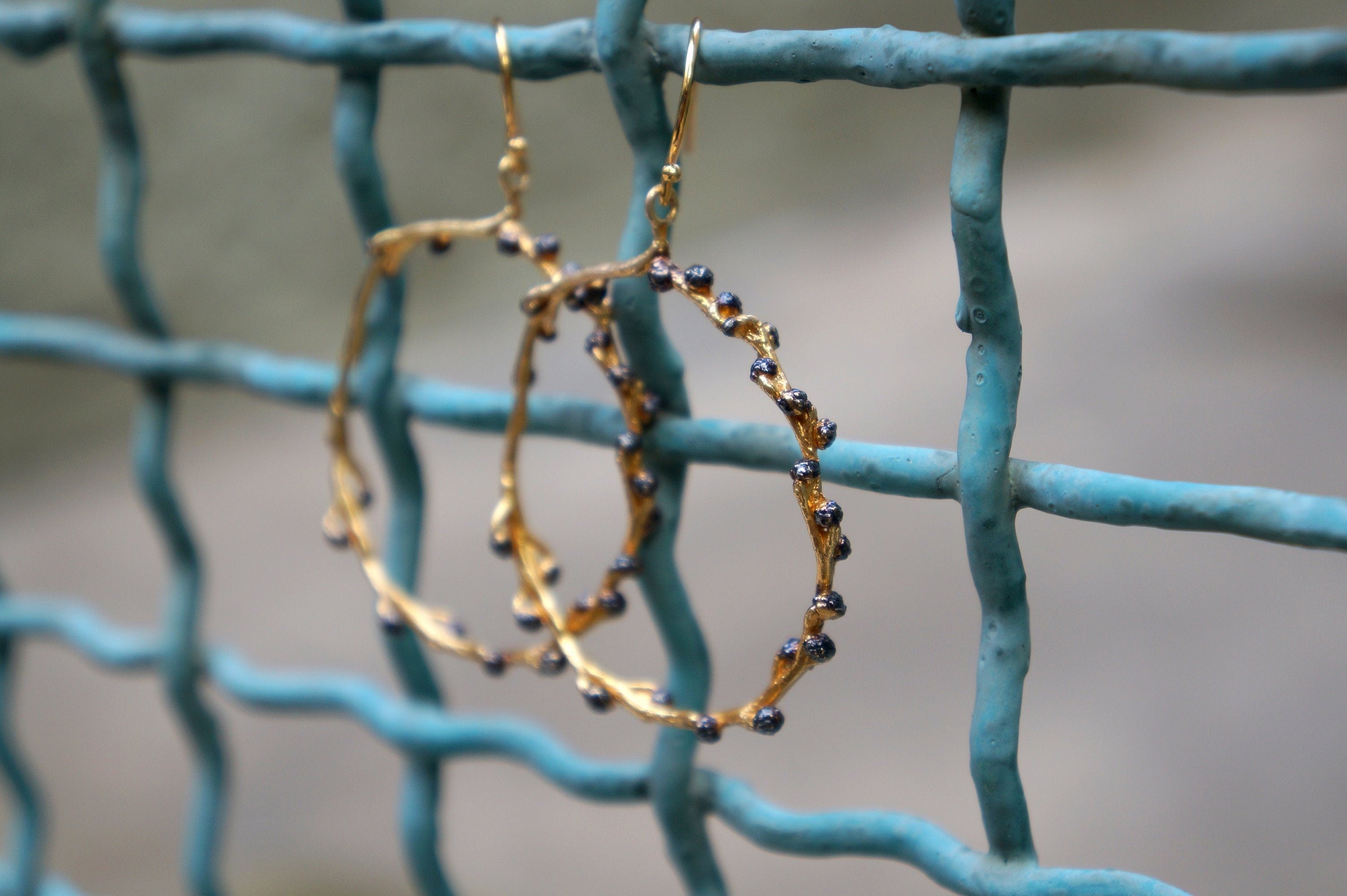 Gold Plated Hoop Earrings – Handmade Silver 925 with Acacia Branch & Black Rhodium