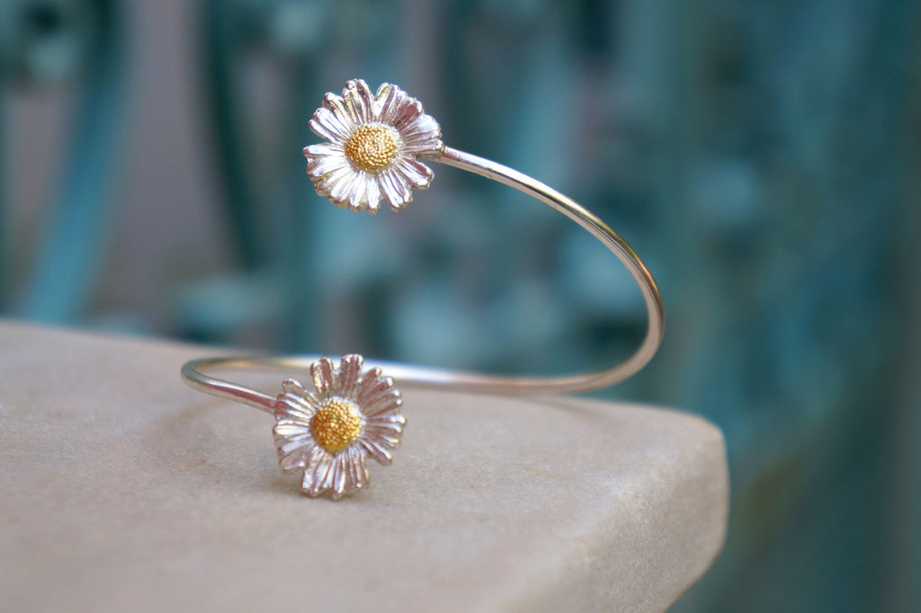 Chamomile Flower Bracelet: Natural Sterling Silver Leaf Cuff (Adjustable)