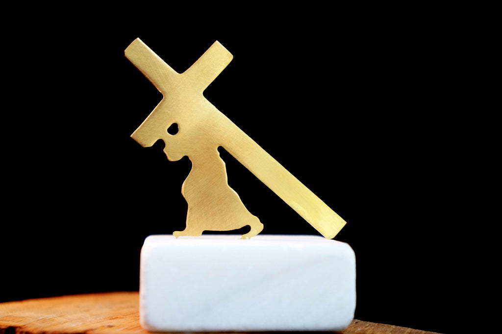Gold Plated Cross Statue – Minimalist Religious Home Decor with Marble Base
