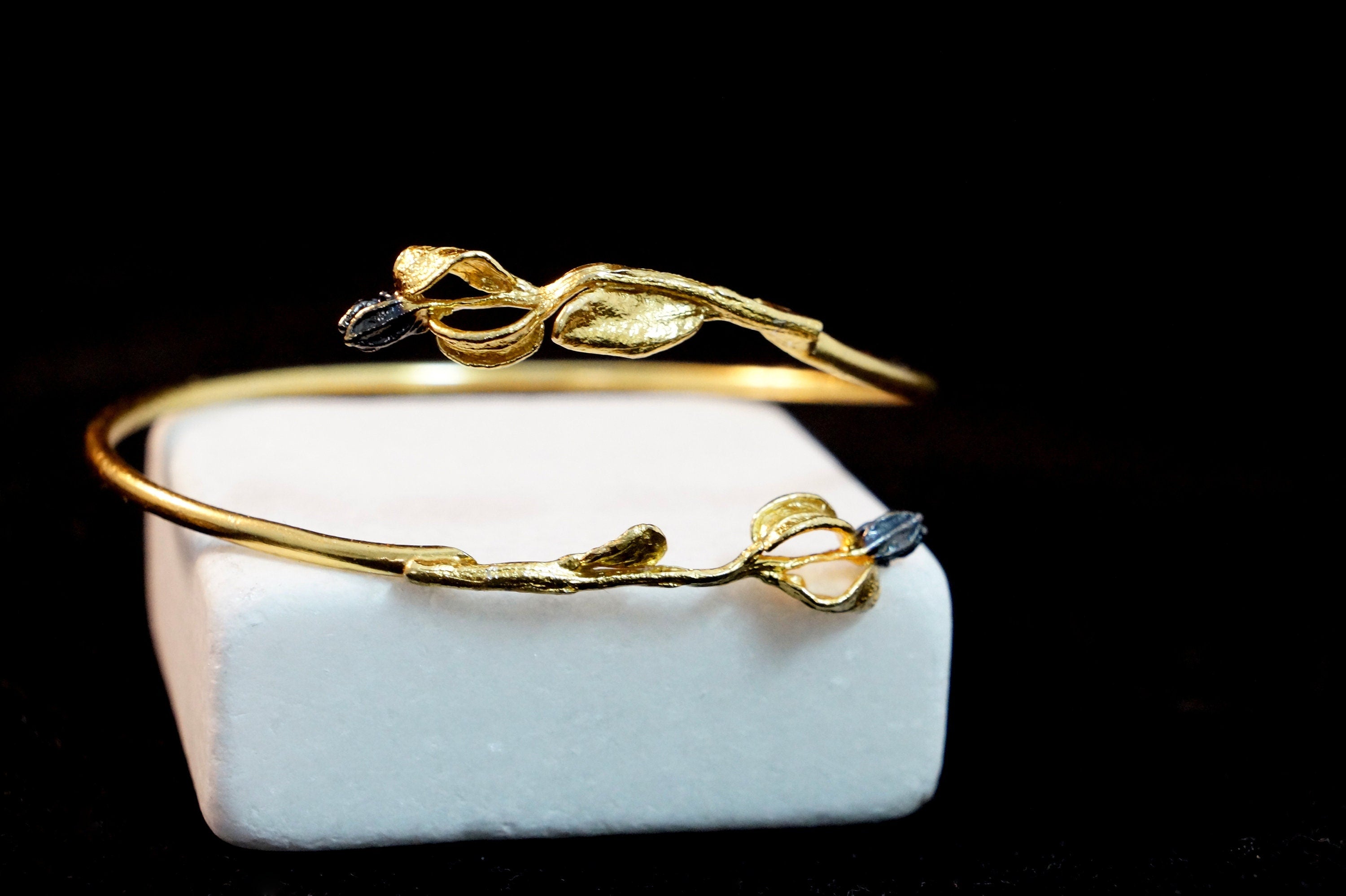 Olive Branch Bracelet – Gold Plated Sterling Silver Adjustable Open Cuff Jewelry