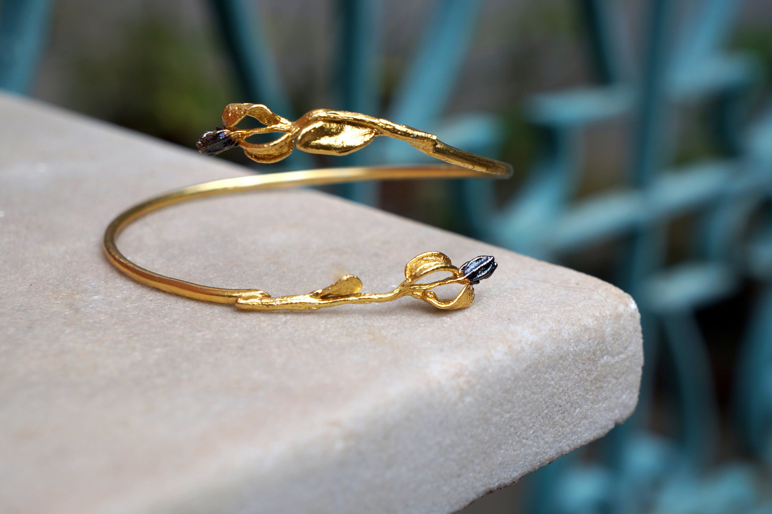 Olive Branch Bracelet – Gold Plated Sterling Silver Adjustable Open Cuff Jewelry