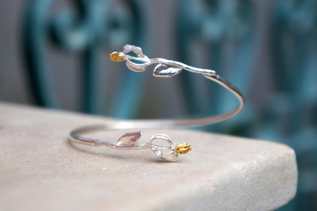 Sterling Silver Bracelet – Adjustable Olive Branch Cuff With Gold Accents