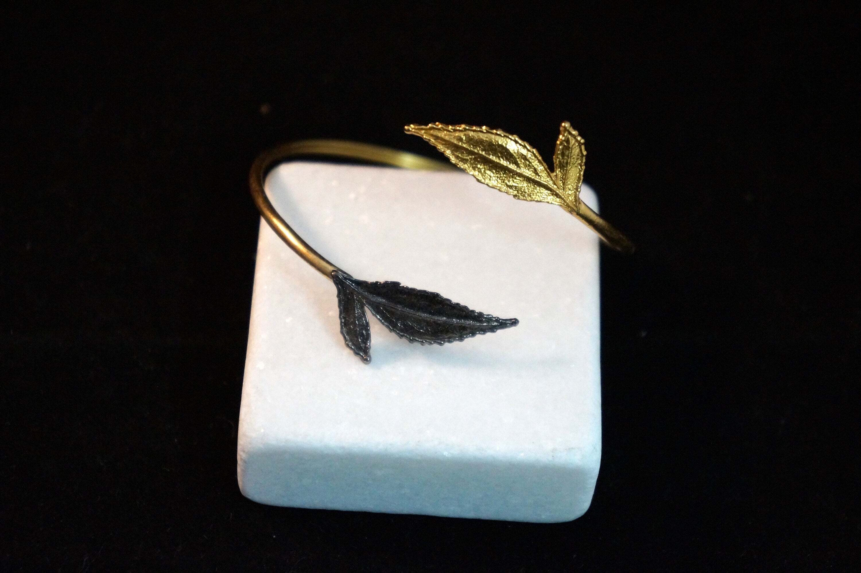 Gold Plated Bracelet - Adjustable Leaf Cuff Sterling Silver With Black Rhodium