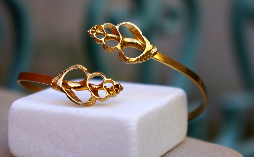 Sea Shell Bracelet - Sterling Silver 925 & 14K Gold Plated Adjustable Cuff