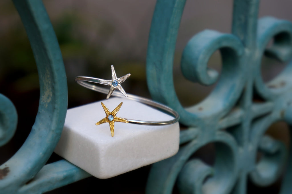 Silver Starfish Bracelet – Adjustable Cuff Bangle with Blue Zircon Stones