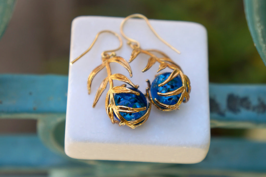Araucaria Leaf Earrings, Gold-Plated Sterling Silver with Blue Murano Glass, Gift for Her, Birthday Gift for Women, Handmade Jewelry