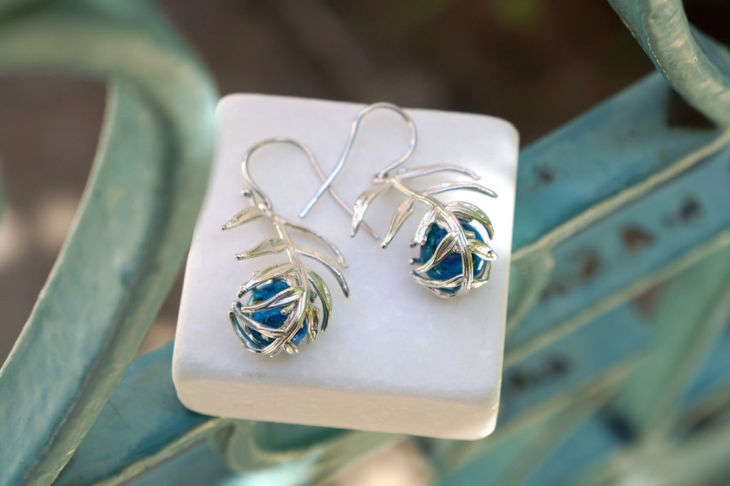 Nature-Inspired Turquoise Earrings, Araucaria Leaf (Sterling Silver)