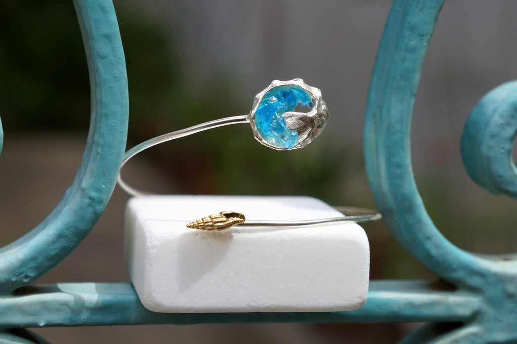 Sterling Silver Bracelet – Adjustable Summer Bangle With Blue Murano Glass & Sea Shells