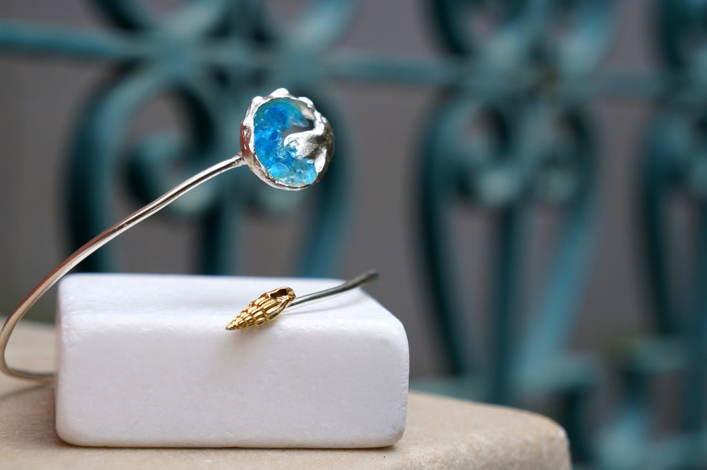 Sterling Silver Bracelet – Adjustable Summer Bangle With Blue Murano Glass & Sea Shells