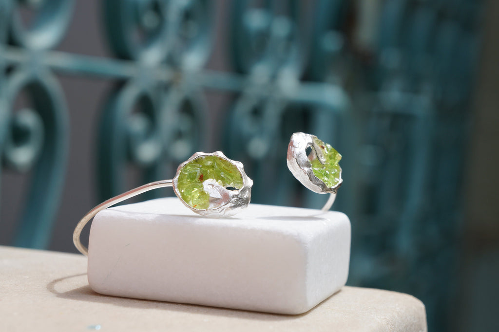 Green Murano Glass Bracelet: Sterling Silver, Adjustable Cuff