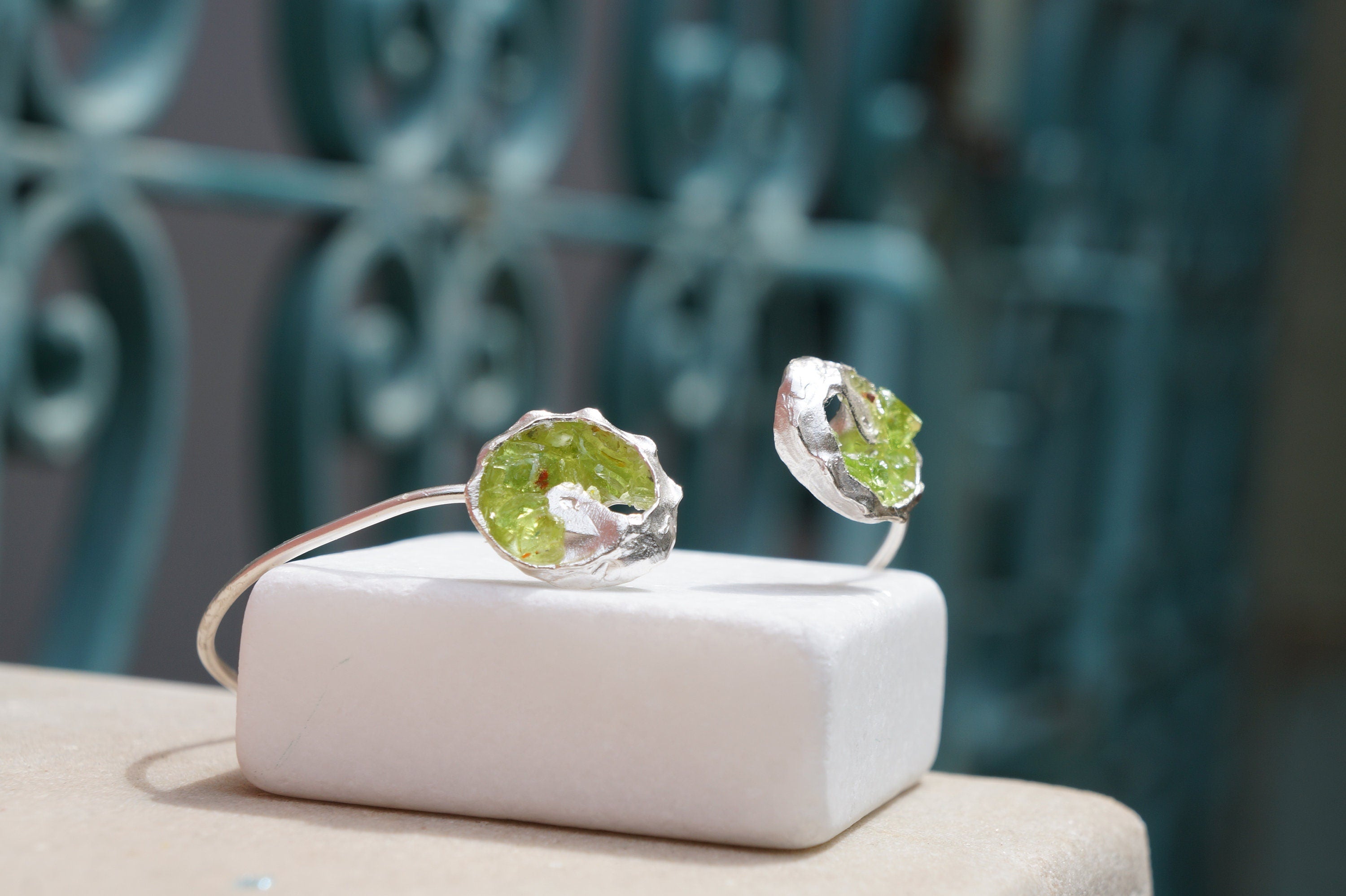Green Murano Glass Bracelet: Sterling Silver, Adjustable Cuff