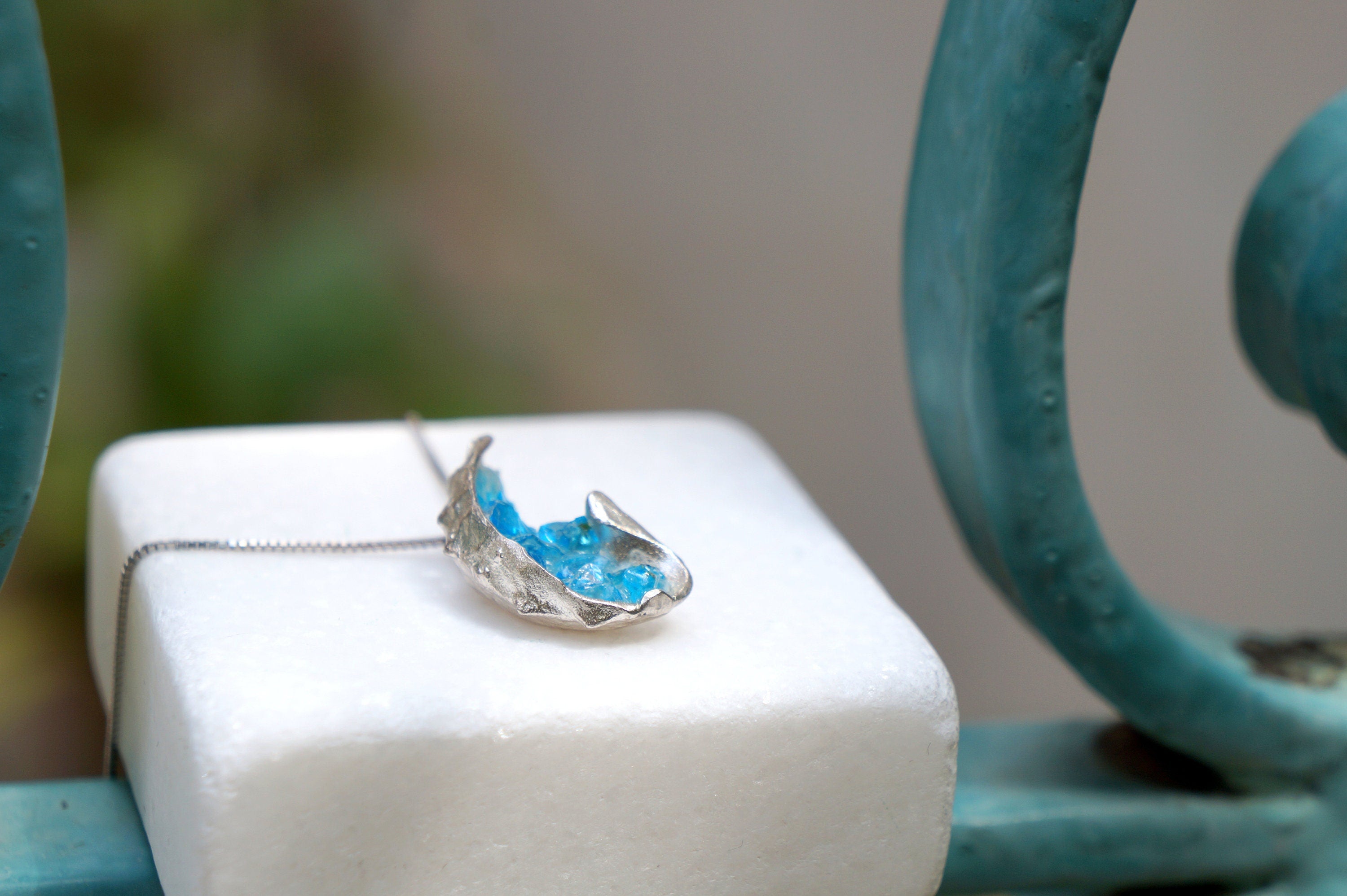 Blue Murano Necklace - Real Sea Shell Pendant, Sterling Silver 925 & Gold Plated Jewelry
