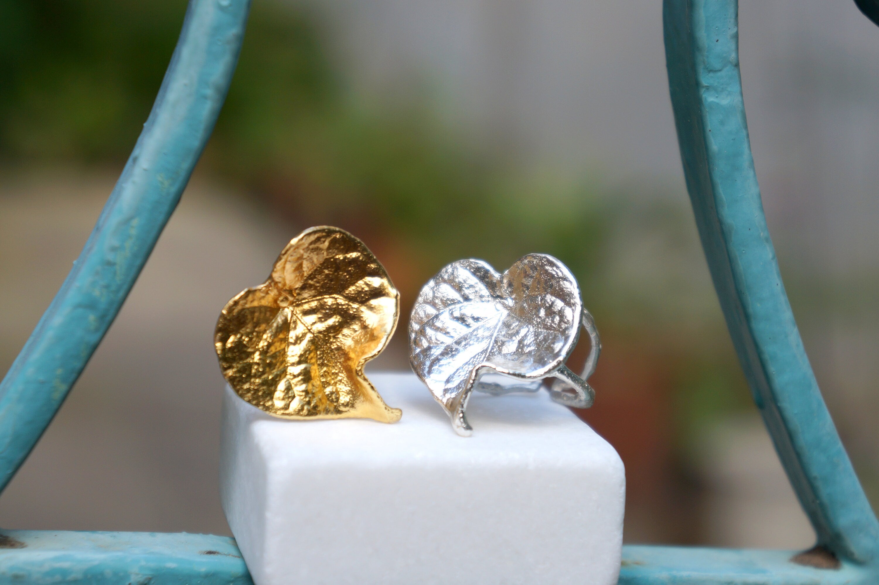 Gold Plated Bell Flower Ring – Handmade Adjustable Sterling Silver Jewelry With Leaf Design