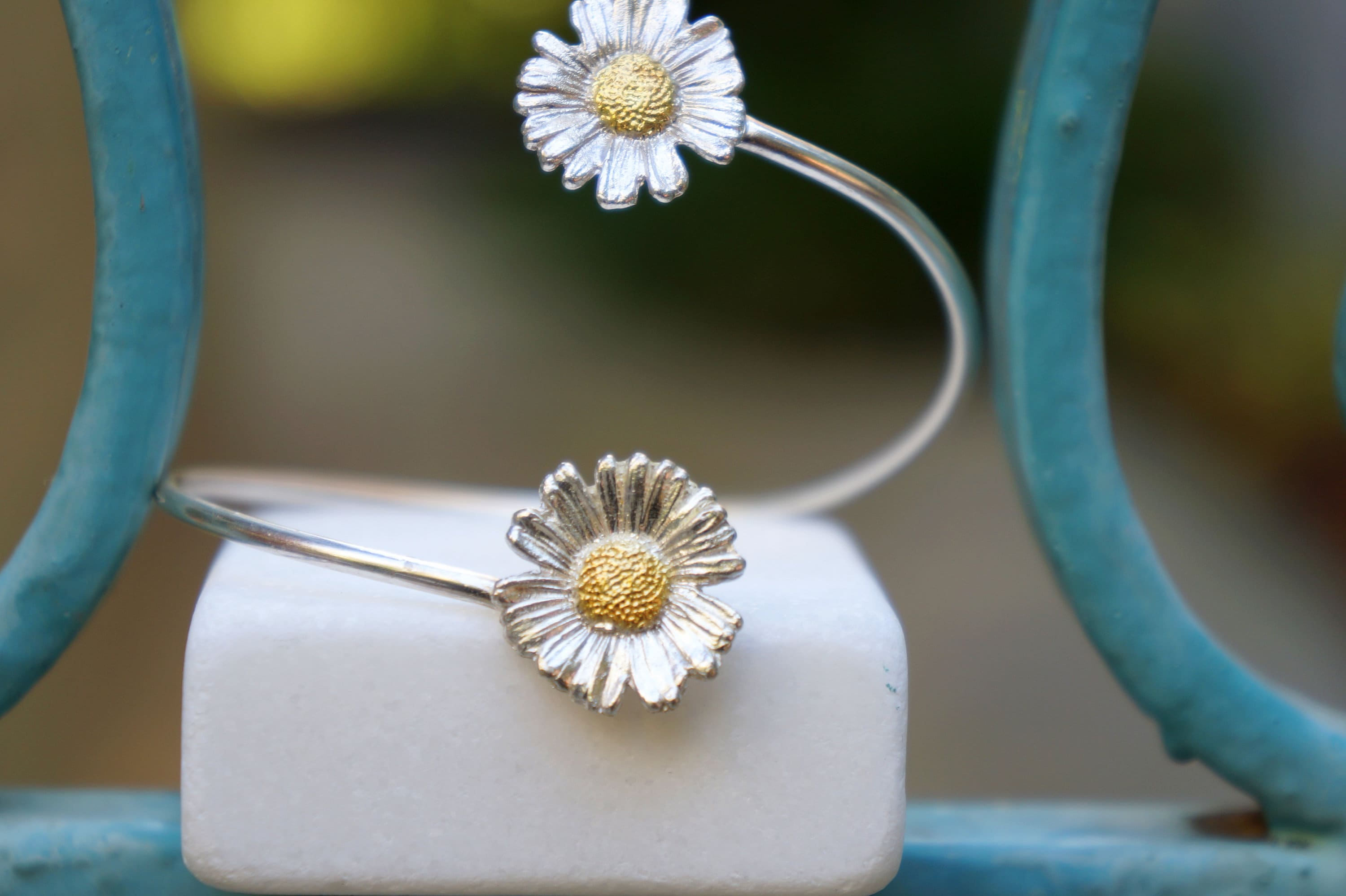 Sterling Silver Bracelet - Adjustable Open Cuff With Real Chamomile Flower