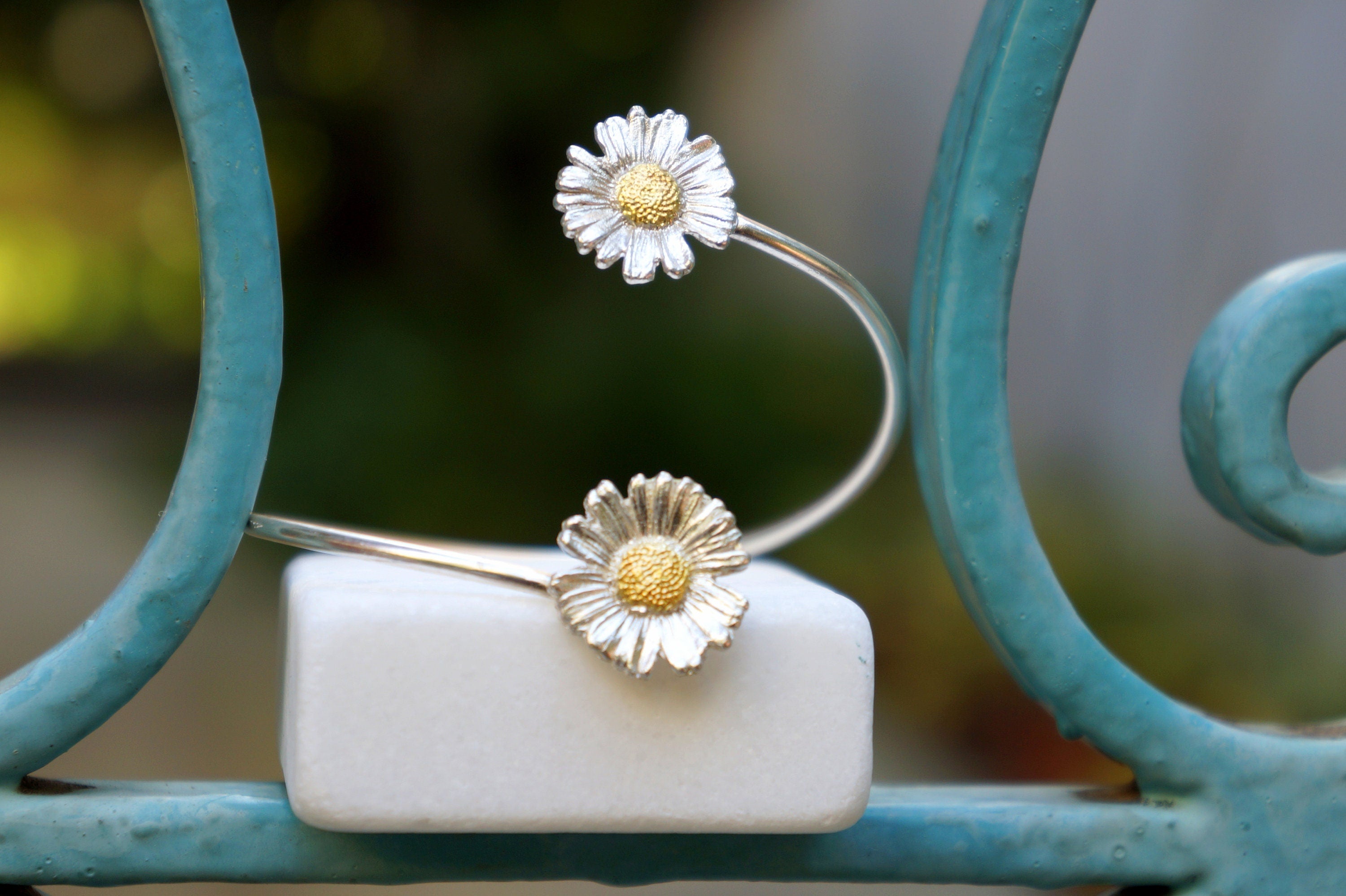 Sterling Silver Bracelet - Adjustable Open Cuff With Real Chamomile Flower