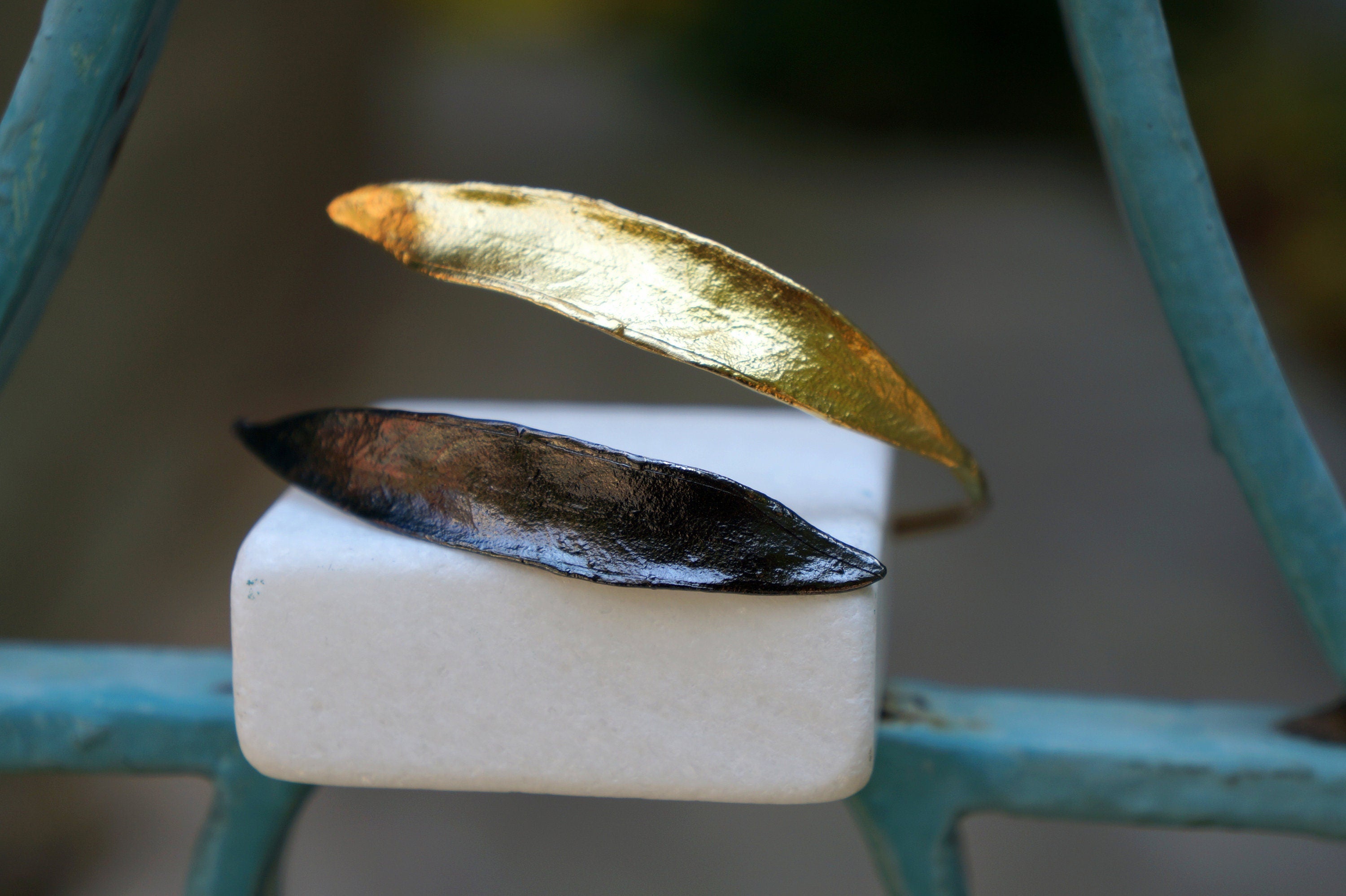 Olive Leaves Cuff Bracelet – 14k Gold Plated, Black Rhodium, Recycled Sterling Silver