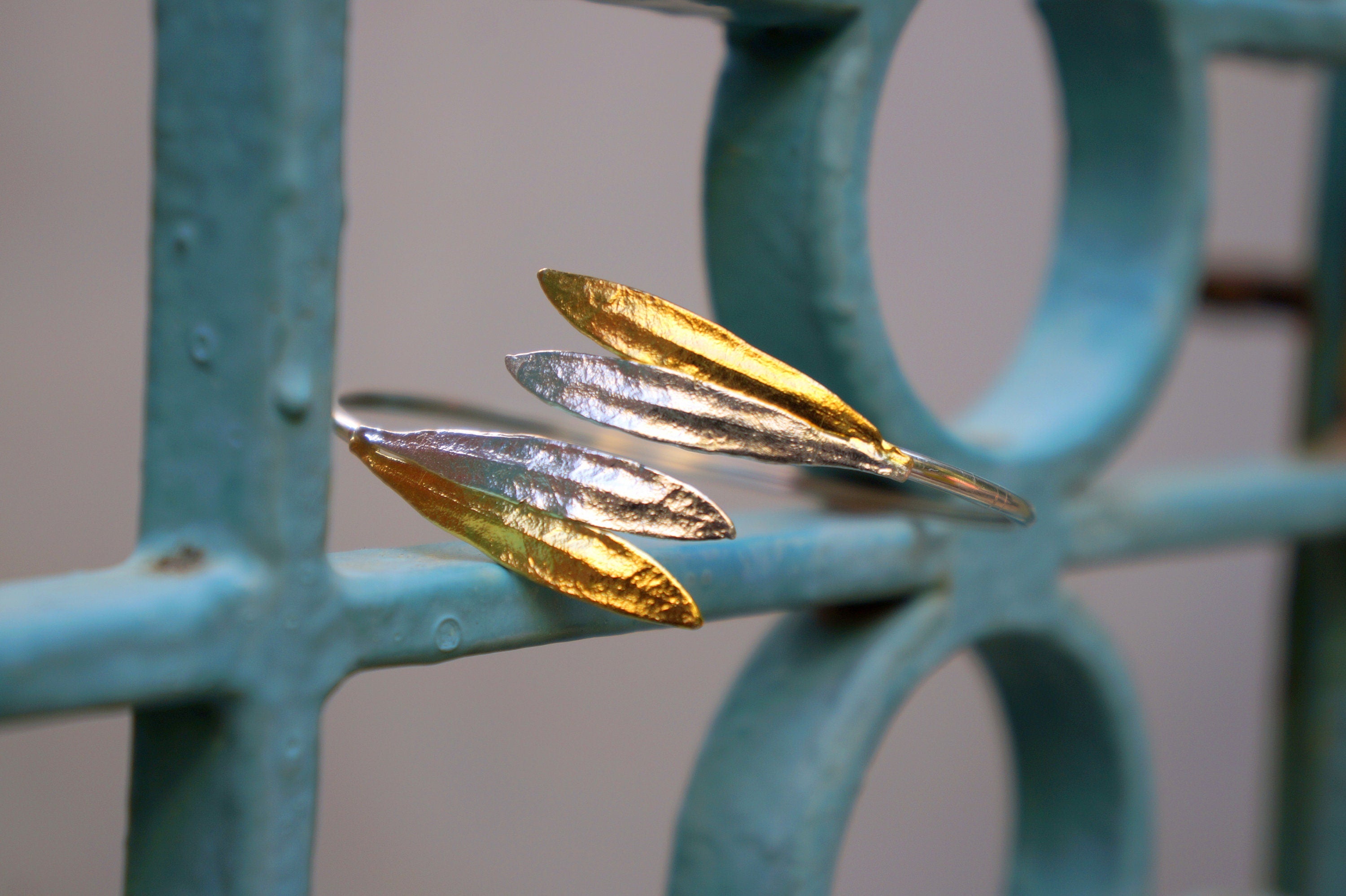 Olive Leaf Bracelet – Sterling Silver Open Cuff Bangle with 14K Gold Plating