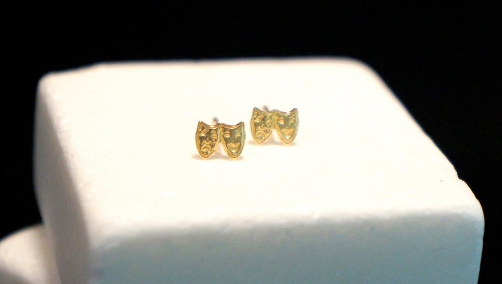 Solid Gold Earrings - Theater Mask Studs 9K 14K 18K Comedy & Tragedy Jewelry